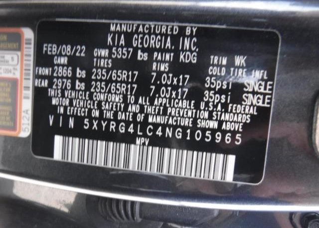 2022 KIA SORENTO(VIN: 5XYRG4LC4NG105965
