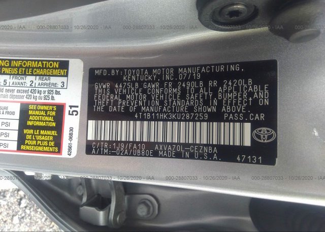 4T1B11HK3KU287259 2019 TOYOTA CAMRY