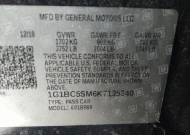 2019 CHEVROLET CRUZE VIN: 1G1BC5SM6K7135340