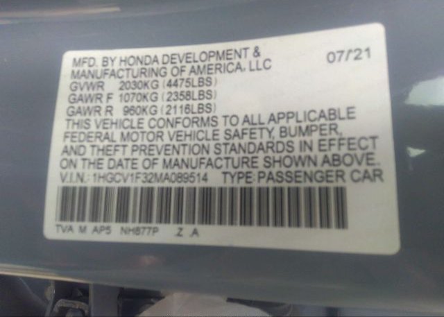 2021 HONDA ACCORD SEDAN(VIN: 1HGCV1F32MA089514