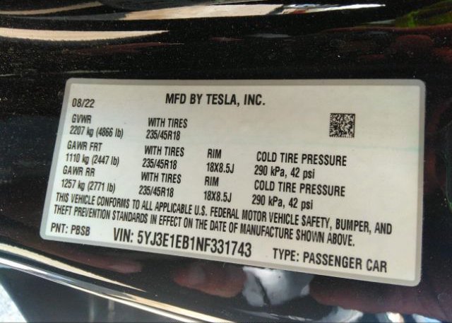 2022 TESLA MODEL 3(VIN: 5YJ3E1EB1NF331743