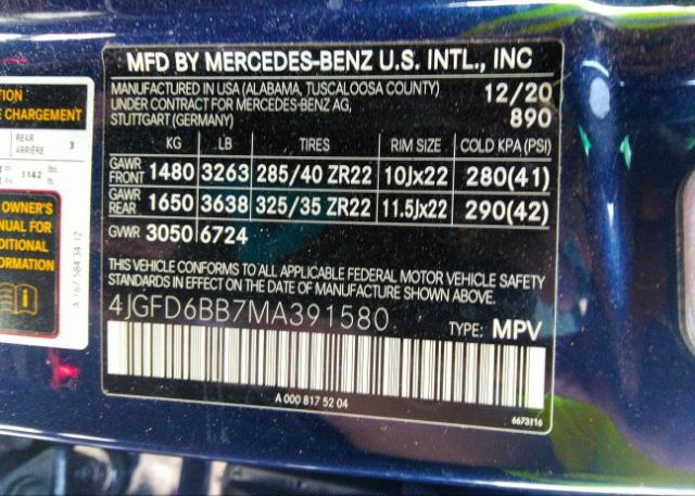 2021 MERCEDES-BENZ GLE(VIN: 4JGFD6BB7MA391580