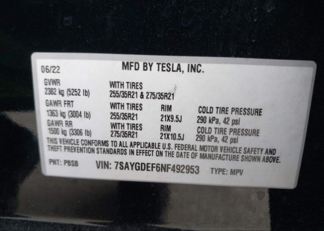 2022 TESLA MODEL Y(VIN: 7SAYGDEF6NF492953