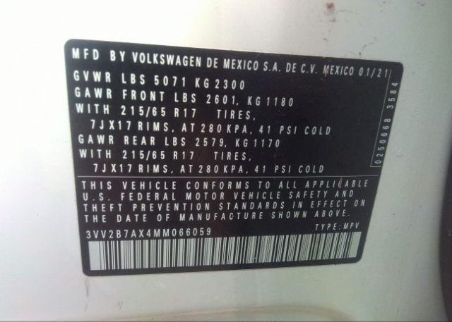 2021 VOLKSWAGEN TIGUAN(VIN: 3VV2B7AX4MM066059