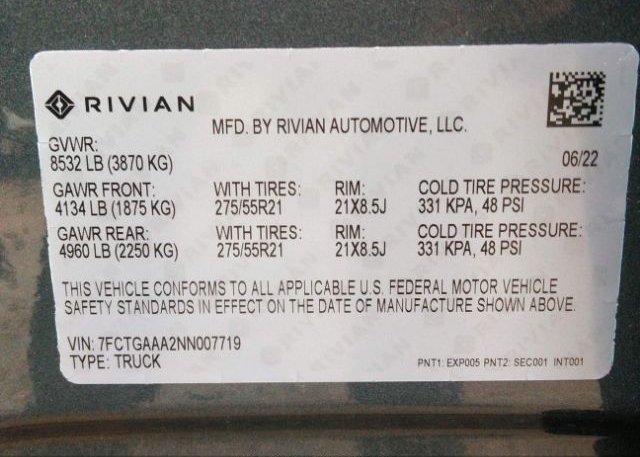 2022 RIVIAN R1T(VIN: 7FCTGAAA2NN007719