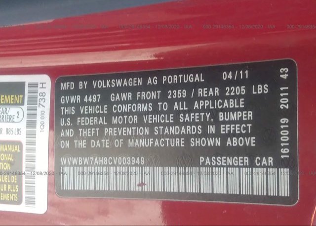 WVWBW7AH8CV003949 2012 VOLKSWAGEN EOS