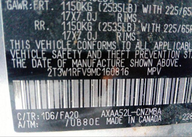 2021 TOYOTA RAV4(VIN: 2T3W1RFV9MC160816