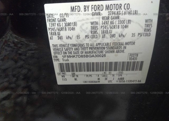 1FMHK7D85BGA30025 2011 FORD EXPLORER