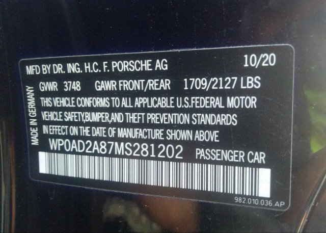 2021 PORSCHE 718 CAYMAN(VIN: WP0AD2A87MS281202