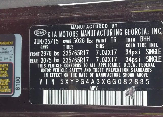5XYPG4A3XGG082835 2016 KIA SORENTO