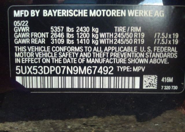 2022 BMW X3(VIN: 5UX53DP07N9M67492