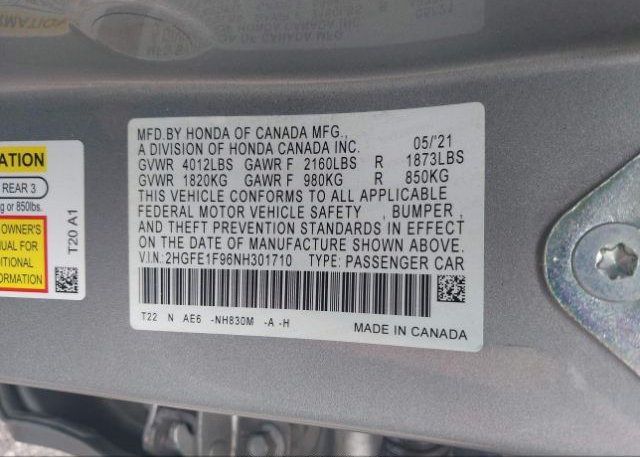 2022 HONDA CIVIC SEDAN(VIN: 2HGFE1F96NH301710