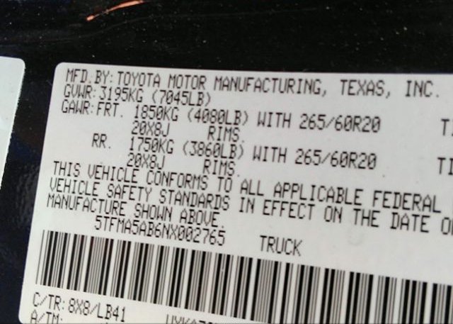 2022 TOYOTA TUNDRA 2WD(VIN: 5TFMA5AB6NX002765