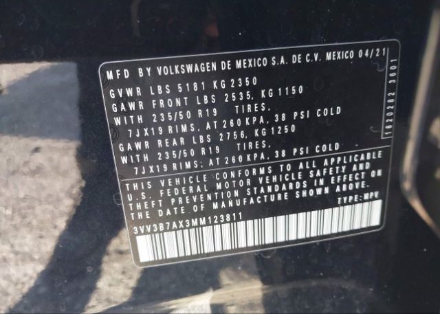 2021 VOLKSWAGEN TIGUAN(VIN: 3VV3B7AX3MM123811
