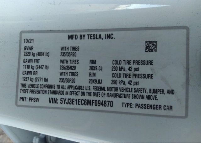 2021 TESLA MODEL 3(VIN: 5YJ3E1EC6MF094870