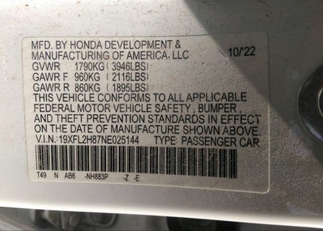 2022 HONDA CIVIC HATCHBACK(VIN: 19XFL2H87NE025144