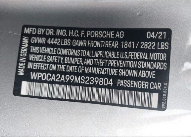 2021 PORSCHE 911 CARRERA CABRIOLET(VIN: WP0CA2A99MS239804