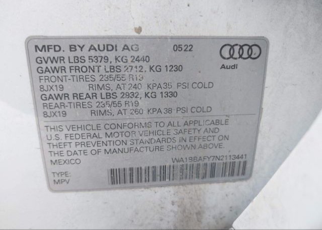 2022 AUDI Q5(VIN: WA1BBAFY7N2113441