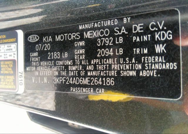 2021 KIA FORTE(VIN: 3KPF24AD6ME264186