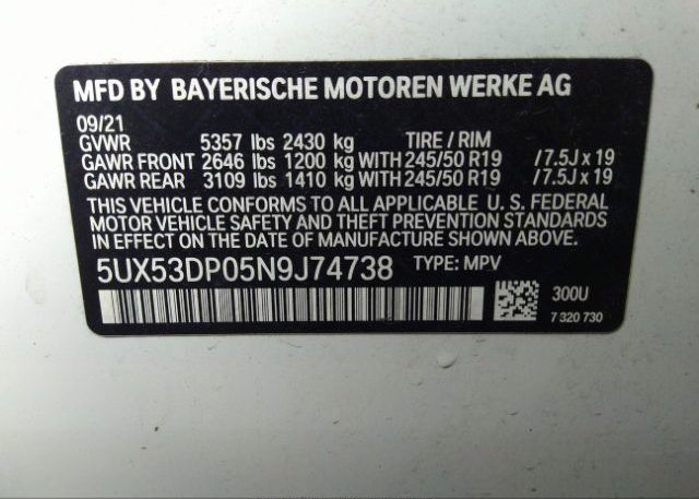 2022 BMW X3 VIN: 5UX53DP05N9J74738