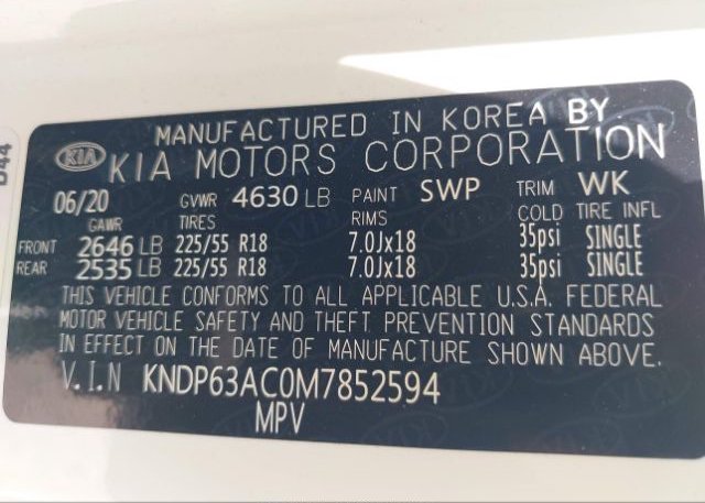 2021 KIA SPORTAGE(VIN: KNDP63AC0M7852594