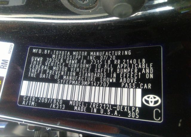2021 TOYOTA COROLLA(VIN: 5YFEPMAE9MP147707