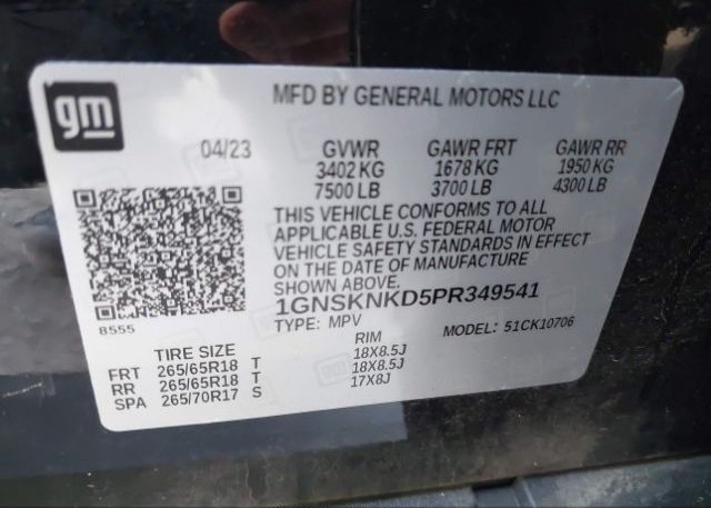 2023 CHEVROLET TAHOE(VIN: 1GNSKNKD5PR349541