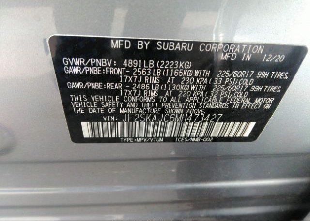 2021 SUBARU FORESTER(VIN: JF2SKAJC6MH473427