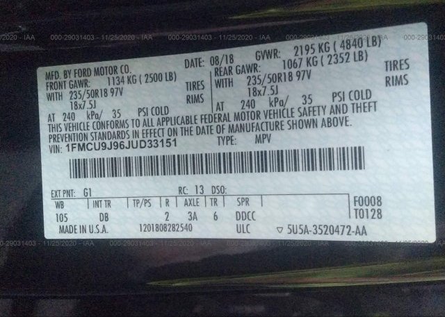 1FMCU9J96JUD33151 2018 FORD ESCAPE