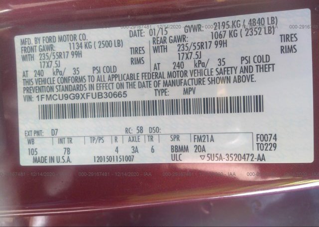 1FMCU9G9XFUB30665 2015 FORD ESCAPE