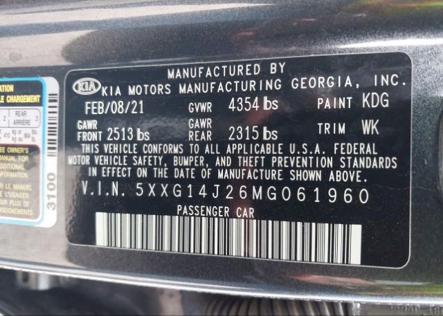 2021 KIA K5(VIN: 5XXG14J26MG061960