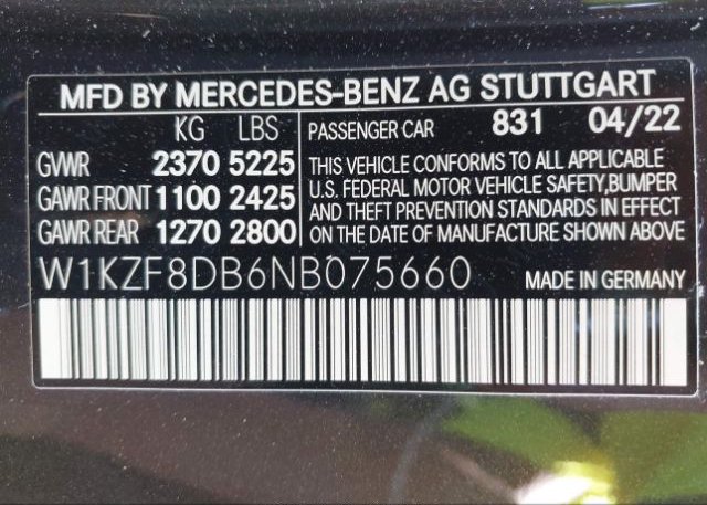 2022 MERCEDES-BENZ E-CLASS(VIN: W1KZF8DB6NB075660