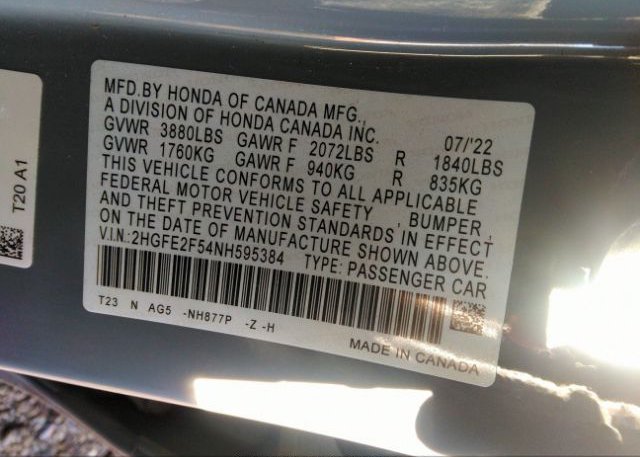 2022 HONDA CIVIC SEDAN(VIN: 2HGFE2F54NH595384