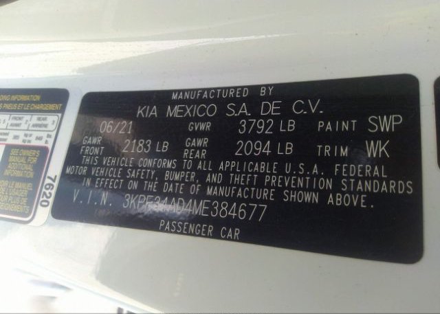 2021 KIA FORTE(VIN: 3KPF34AD4ME384677