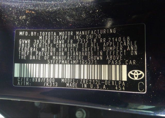 2021 TOYOTA COROLLA(VIN: 5YFEPMAE4MP165371