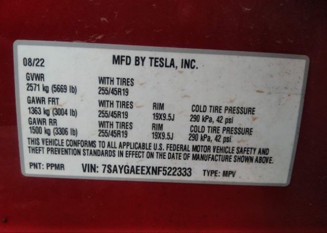 2022 TESLA MODEL Y(VIN: 7SAYGAEEXNF522333