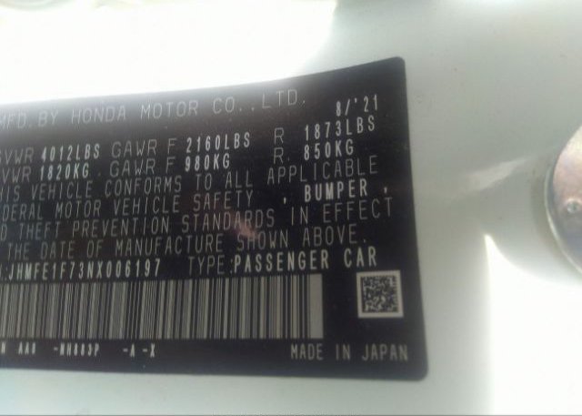 2022 HONDA CIVIC SEDAN(VIN: JHMFE1F73NX006197