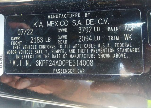 2023 KIA FORTE(VIN: 3KPF24AD0PE514008