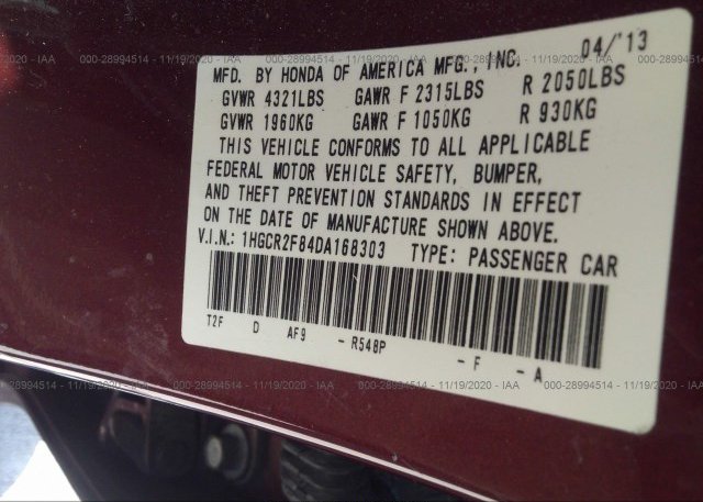 1HGCR2F84DA168303 2013 HONDA ACCORD SDN