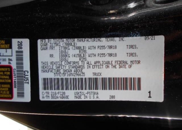 2021 TOYOTA TUNDRA 2WD(VIN: 5TFEY5F16MX296635