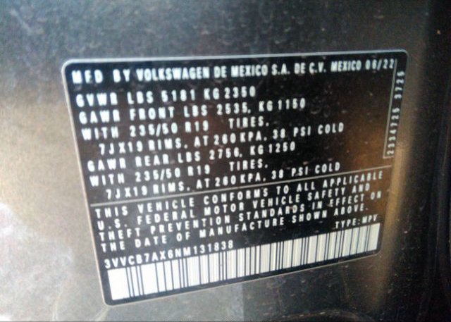 2022 VOLKSWAGEN TIGUAN(VIN: 3VVCB7AX6NM131838