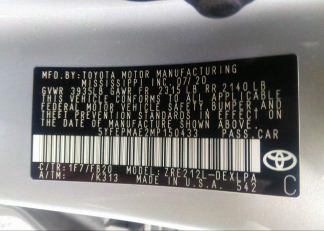 2021 TOYOTA COROLLA(VIN: 5YFEPMAE2MP150433