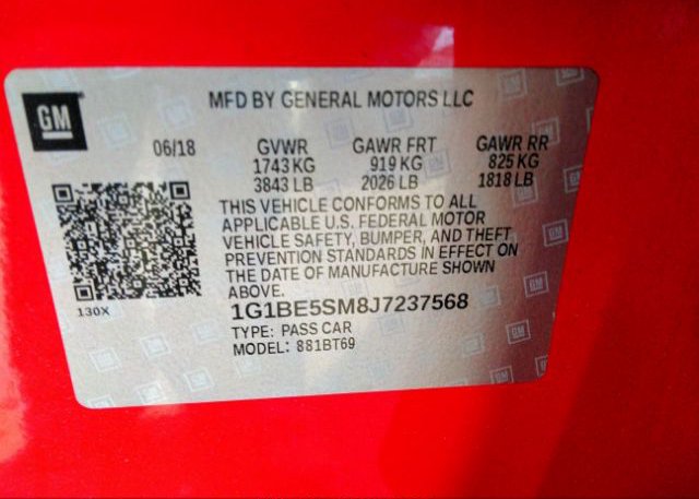 2018 CHEVROLET CRUZE VIN: 1G1BE5SM8J7237568