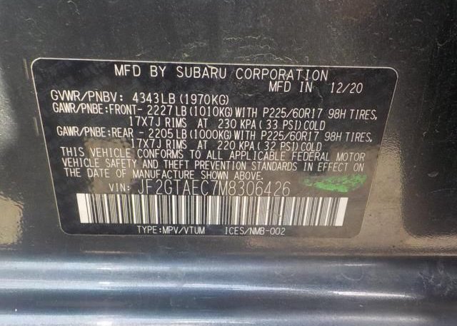 2021 SUBARU CROSSTREK(VIN: JF2GTAEC7M8306426