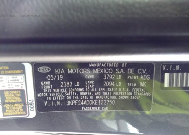 3KPF24AD0KE132750 2019 KIA FORTE