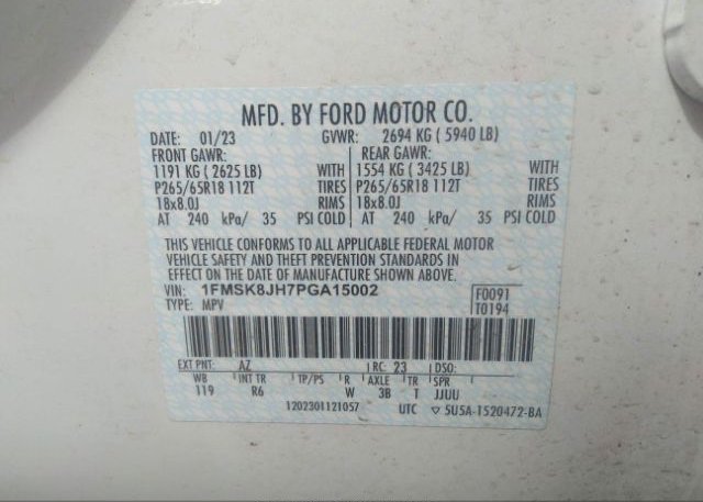 2023 FORD EXPLORER(VIN: 1FMSK8JH7PGA15002