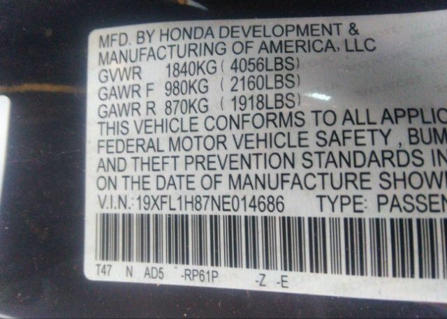 2022 HONDA CIVIC HATCHBACK(VIN: 19XFL1H87NE014686