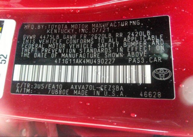 2021 TOYOTA CAMRY(VIN: 4T1G11AK4MU490227