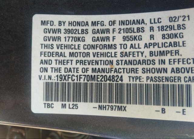 2021 HONDA CIVIC SEDAN(VIN: 19XFC1F70ME204824