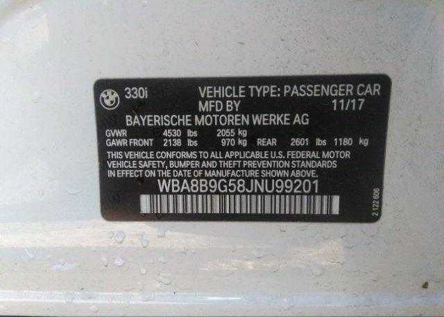 2018 BMW 3 SERIES VIN: WBA8B9G58JNU99201